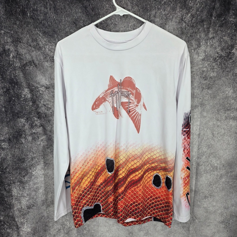 Guy Harvey Shirt Men Small White Redfish Pro UVX Performance Fishing Hammerheads